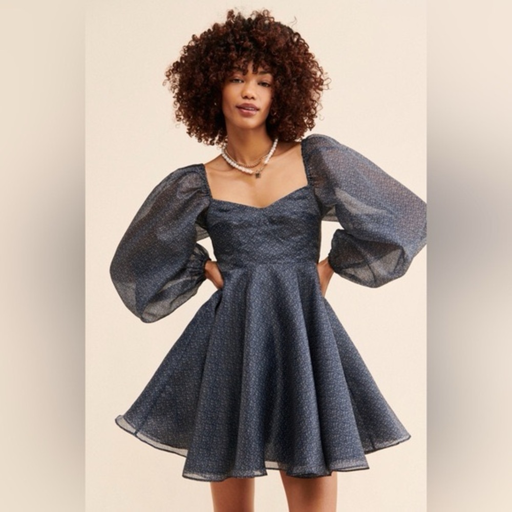 Selkie Navy Blue Puff Sleeve Mini Dress